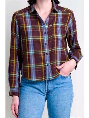 Toad & Co Flannel Shirt Cropped Boxy Fit Classic Brown Green Yellow Gorpcore